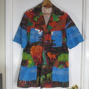 African Vintage Shirt Colorful Mt Kilimanjaro Short Sleeve Button Up Men's L